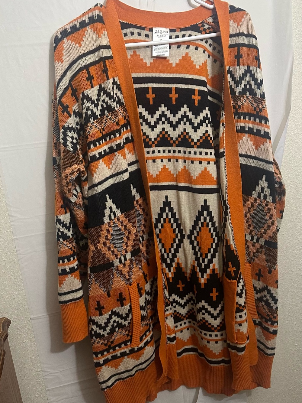 Serra Orange and Black Aztec-Style Open Cardigan